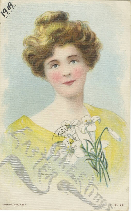 Printed Easter postcard of a woman in a yellow dress with lillies.